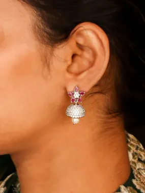 Beautiful Five Petal Magenta White CZ Rhodium Plated Jhumka Earring For Women