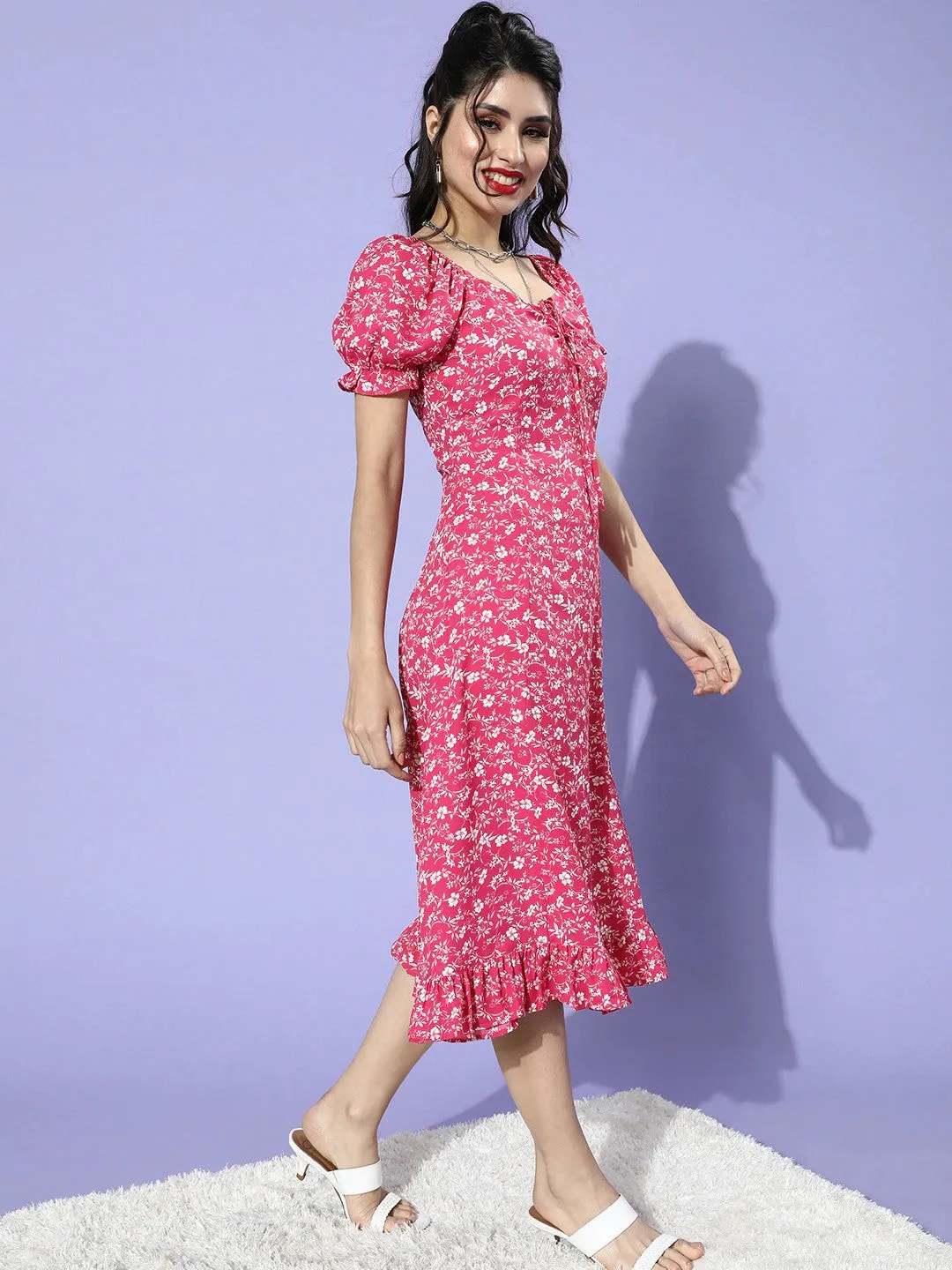 Berrylush Women Pink & White Floral Printed Sweetheart Neck Crepe Ruffled A-Line Midi Dress