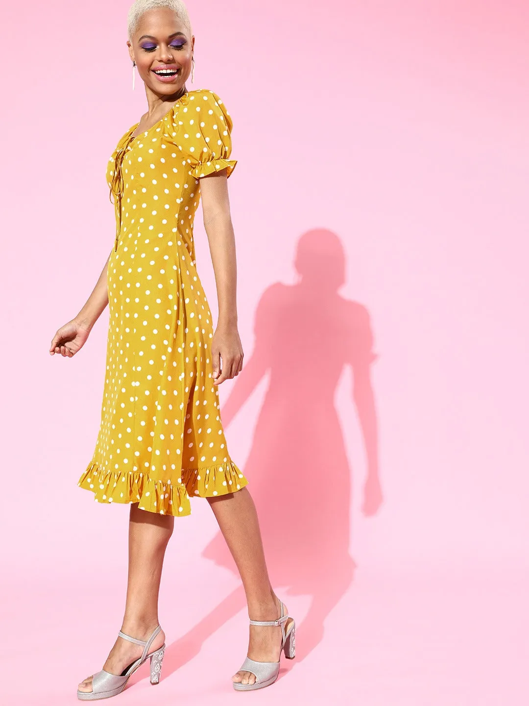 Berrylush Women Yellow & White Polka Dot Printed Sweetheart Neck Front Tie-Up Ruffled A-Line Midi Dress