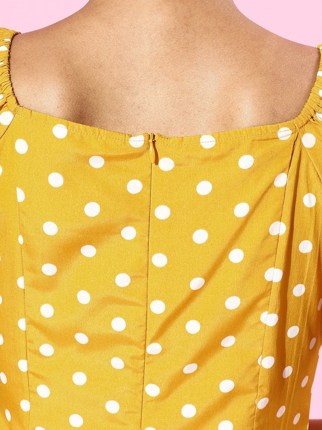 Berrylush Women Yellow & White Polka Dot Printed Sweetheart Neck Front Tie-Up Ruffled A-Line Midi Dress