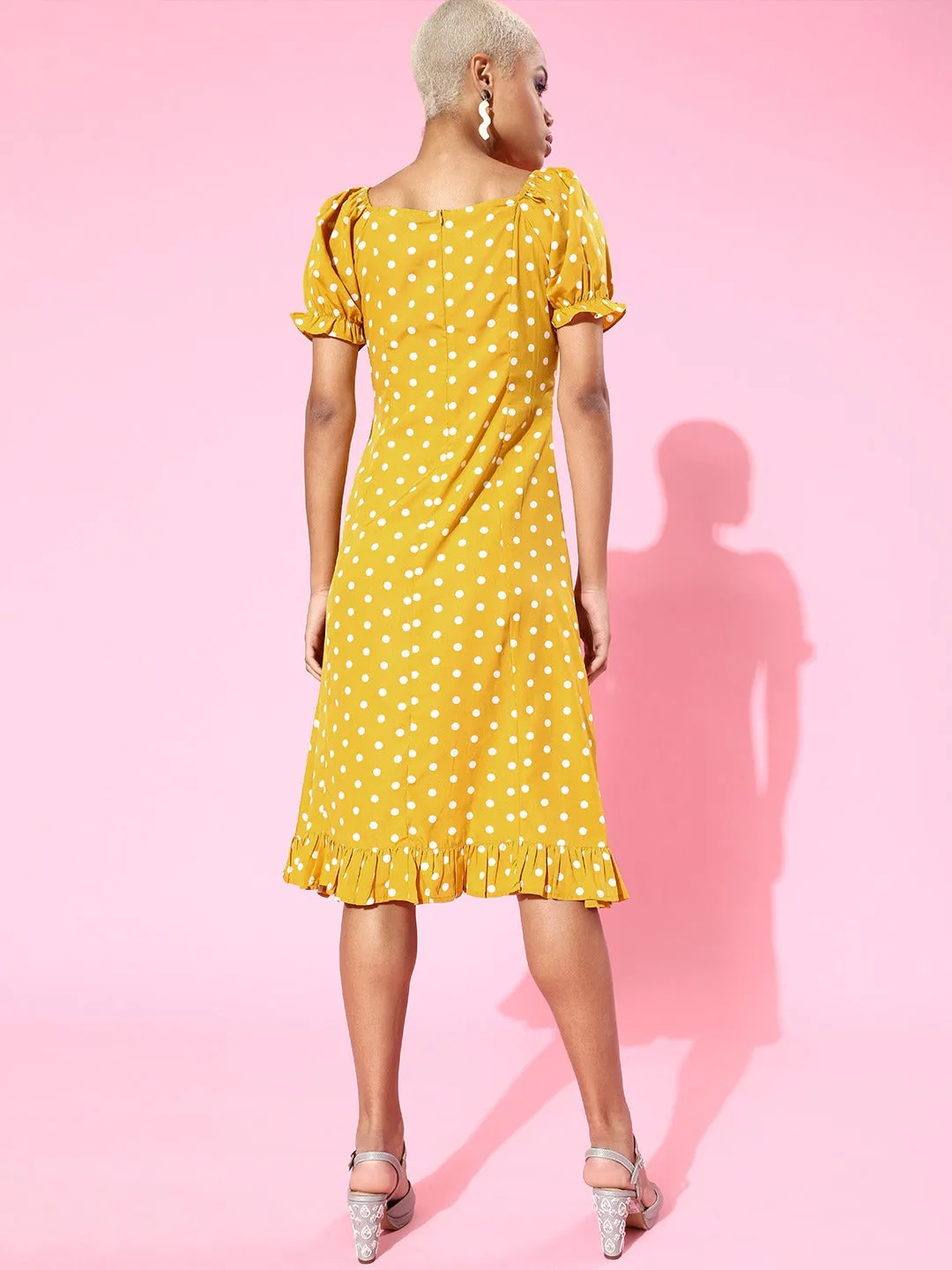 Berrylush Women Yellow & White Polka Dot Printed Sweetheart Neck Front Tie-Up Ruffled A-Line Midi Dress