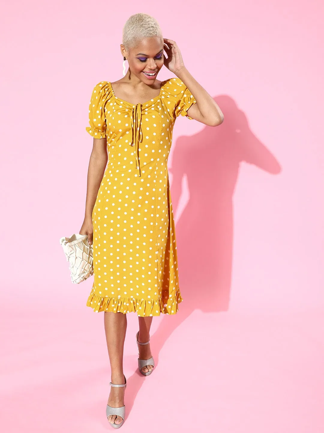 Berrylush Women Yellow & White Polka Dot Printed Sweetheart Neck Front Tie-Up Ruffled A-Line Midi Dress