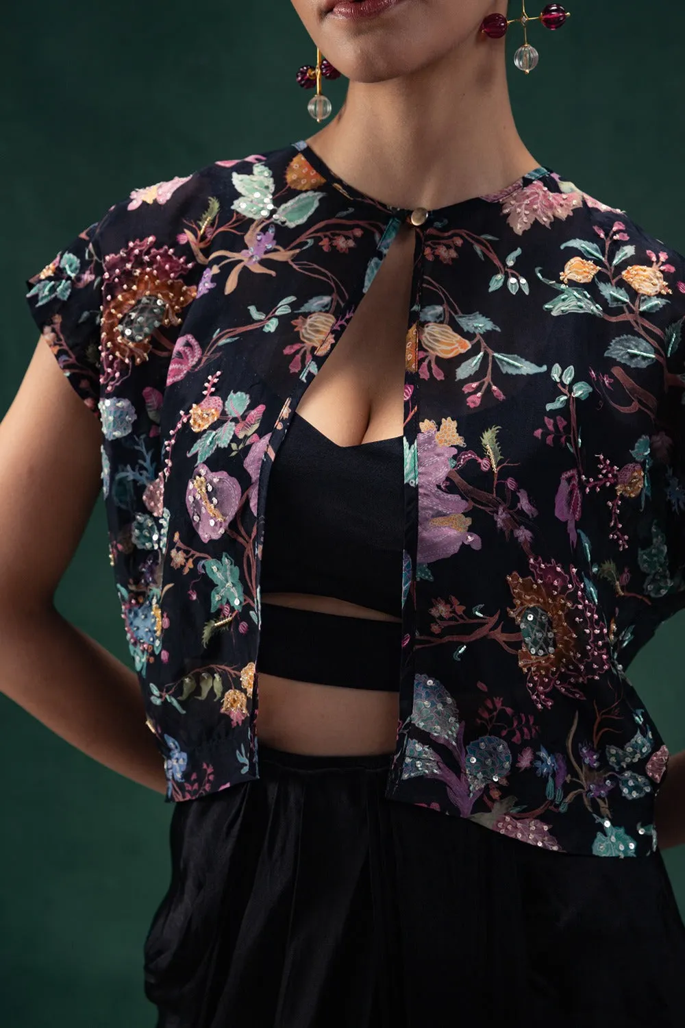 Black Draped Skirt Set with Floral Printed Silk Jacket