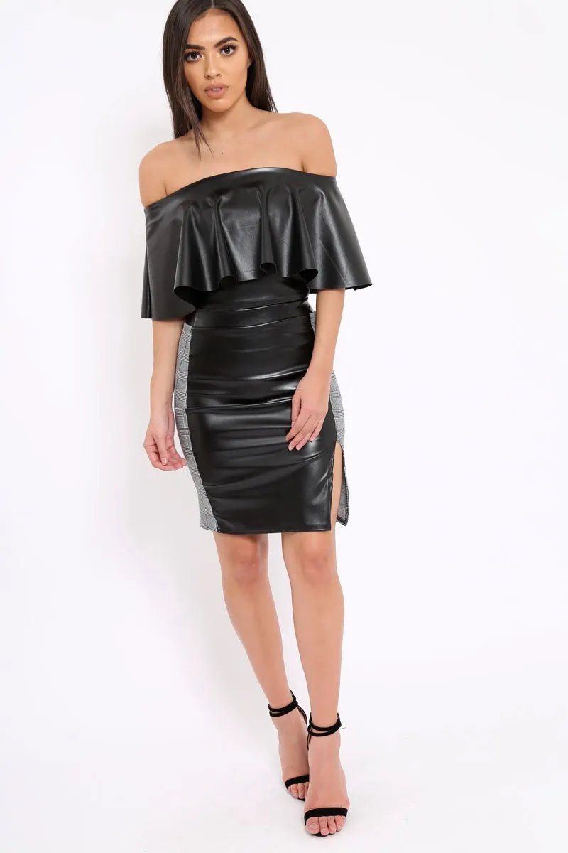 Black Faux Leather With Side Panel Hound-Tooth Midi Skirt - Tanika