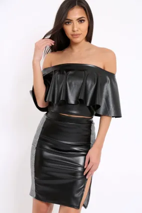 Black Faux Leather With Side Panel Hound-Tooth Midi Skirt - Tanika