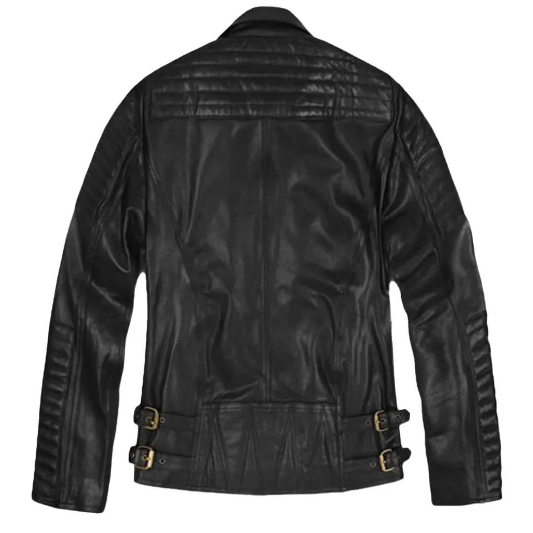 Black Leather Biker Jacket with Notched Collar