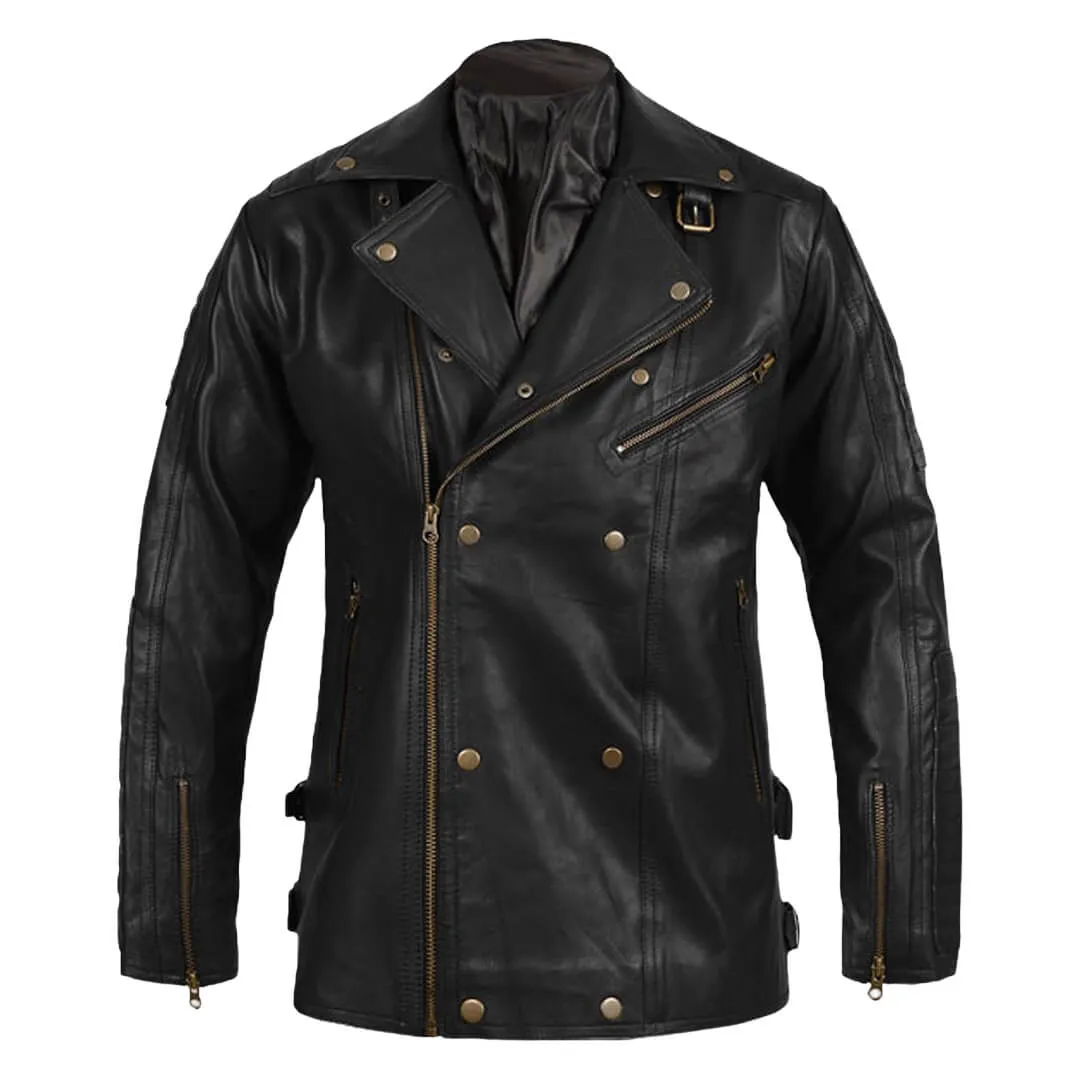 Black Leather Biker Jacket with Notched Collar