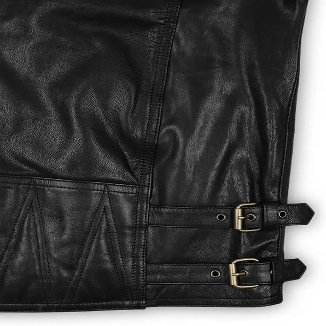 Black Leather Biker Jacket with Notched Collar