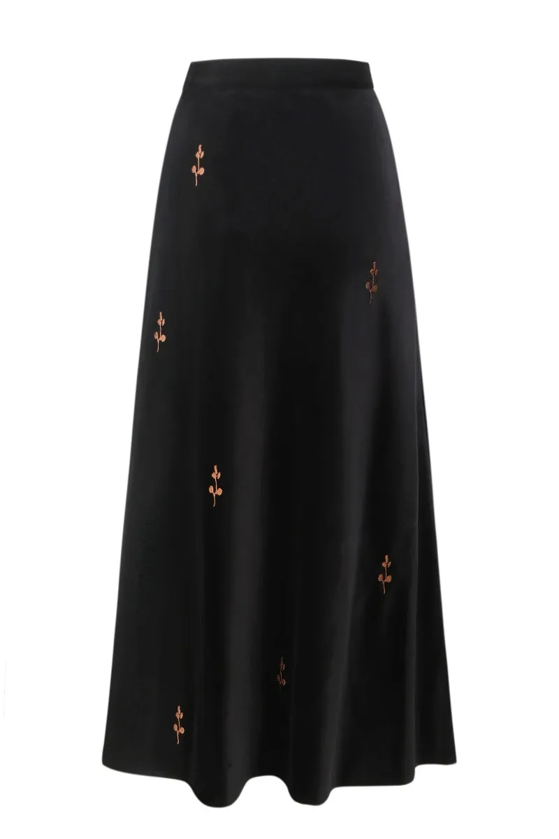 BLACK ROSE EMBROIDERED MIDI SKIRT