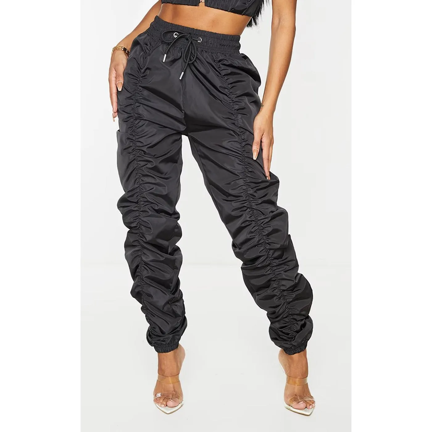 Black Ruched Drawstring Joggers