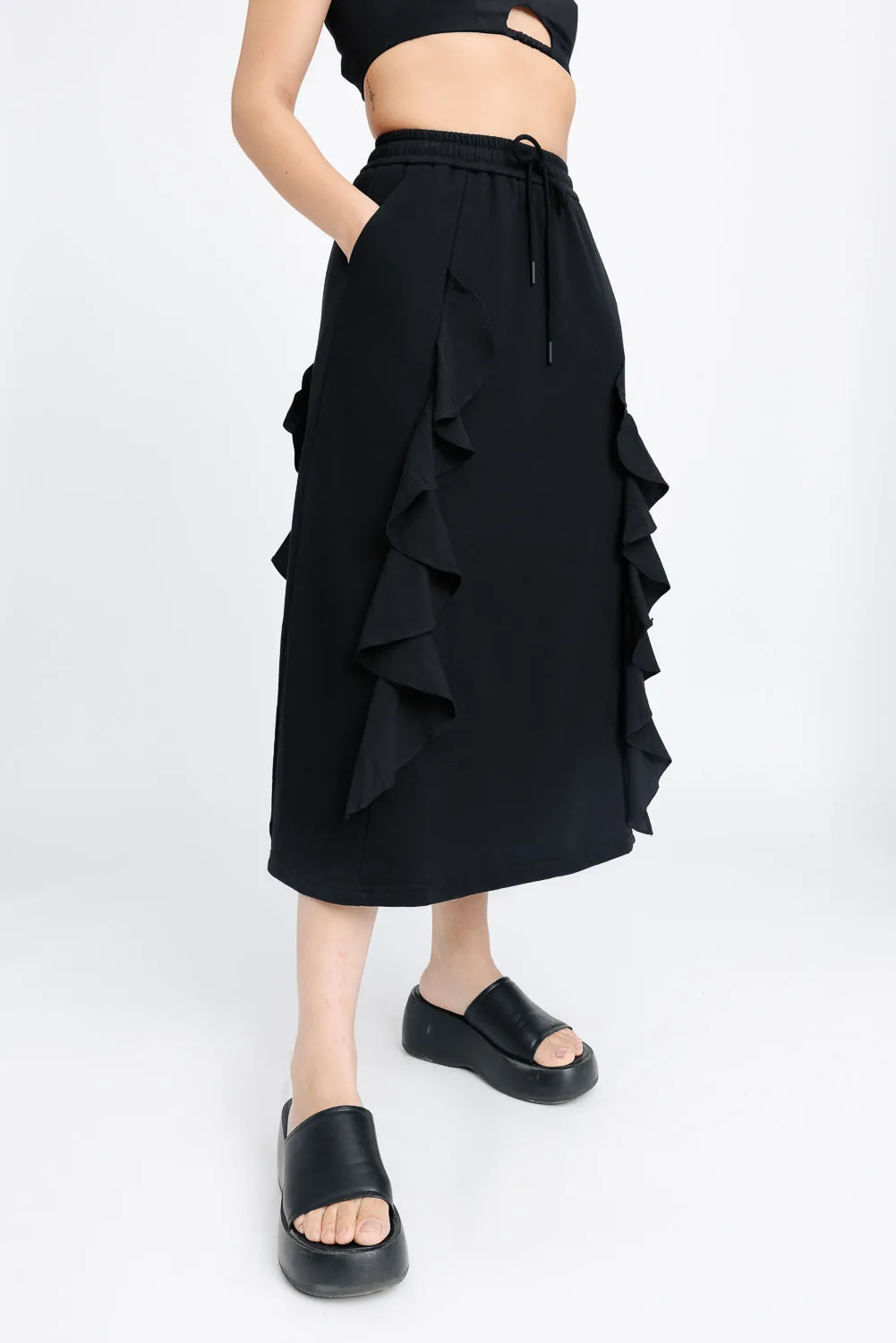 Black Ruffled Midi Skirt