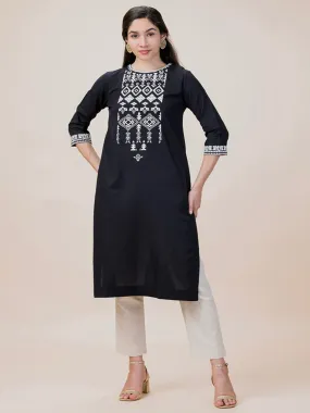 Black White Linen Embroidered Kurta