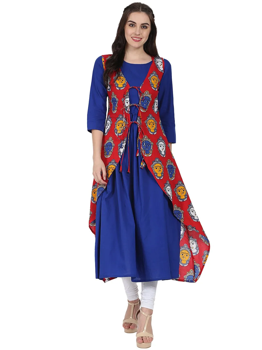 Blue 3/4Th Sleeve Cotton Anarkali Kurta With Red Printed Jacket