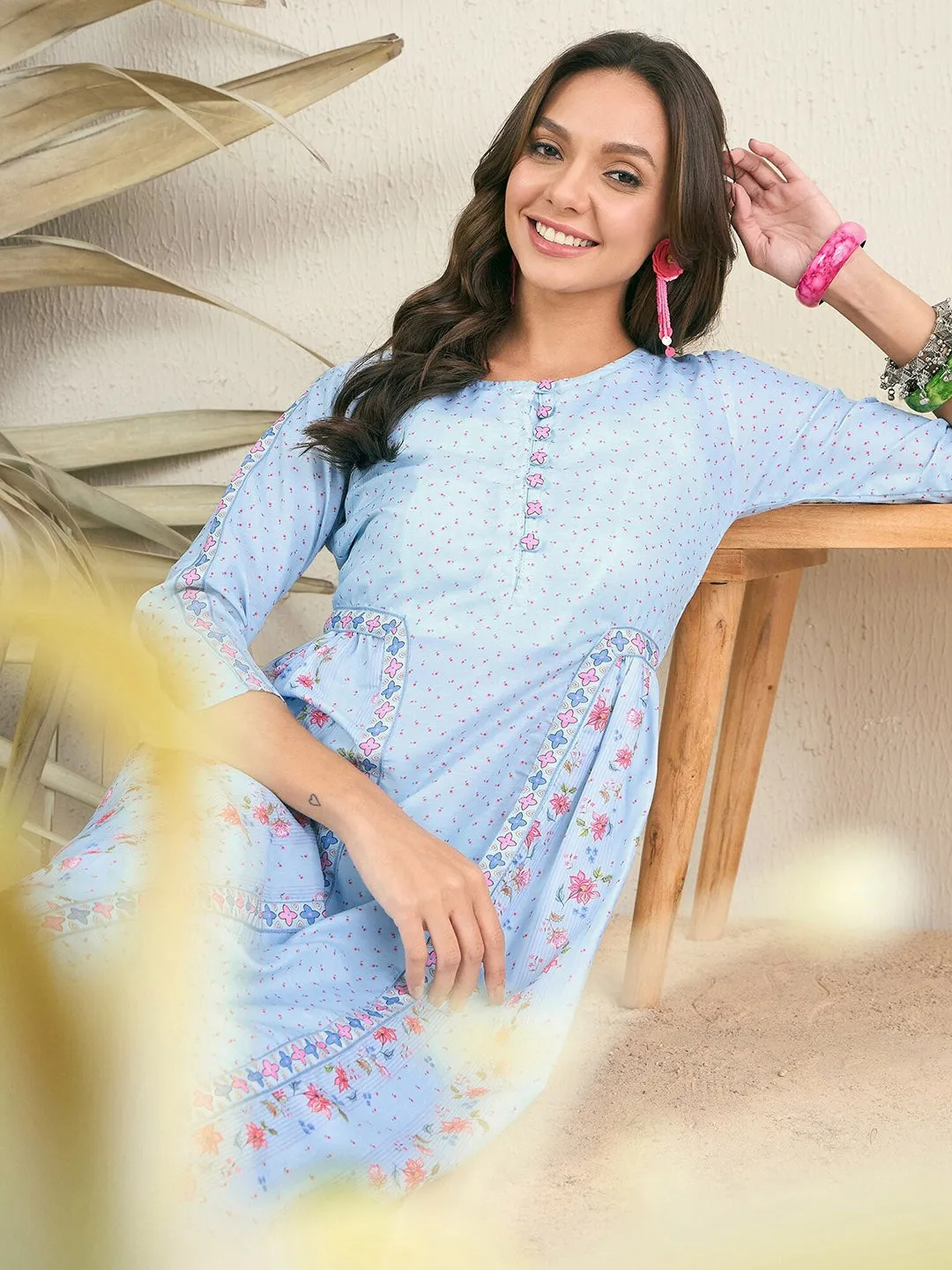 Blue Floral Printed Round Neck Regular A-Line Kurta With Trousers