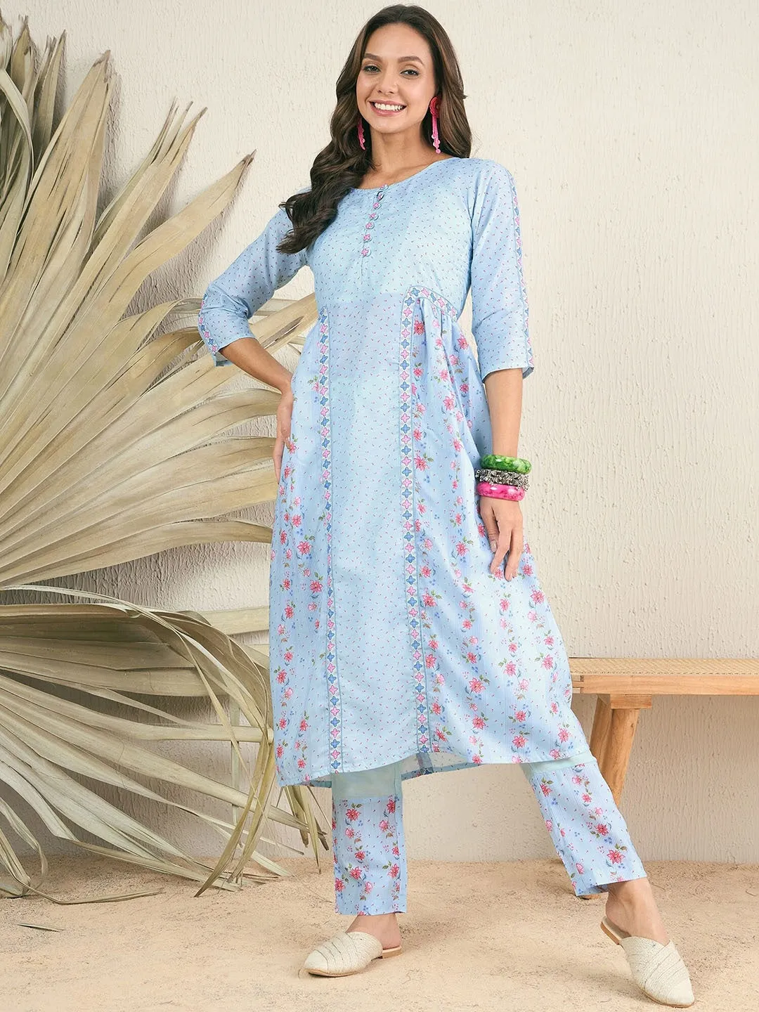 Blue Floral Printed Round Neck Regular A-Line Kurta With Trousers