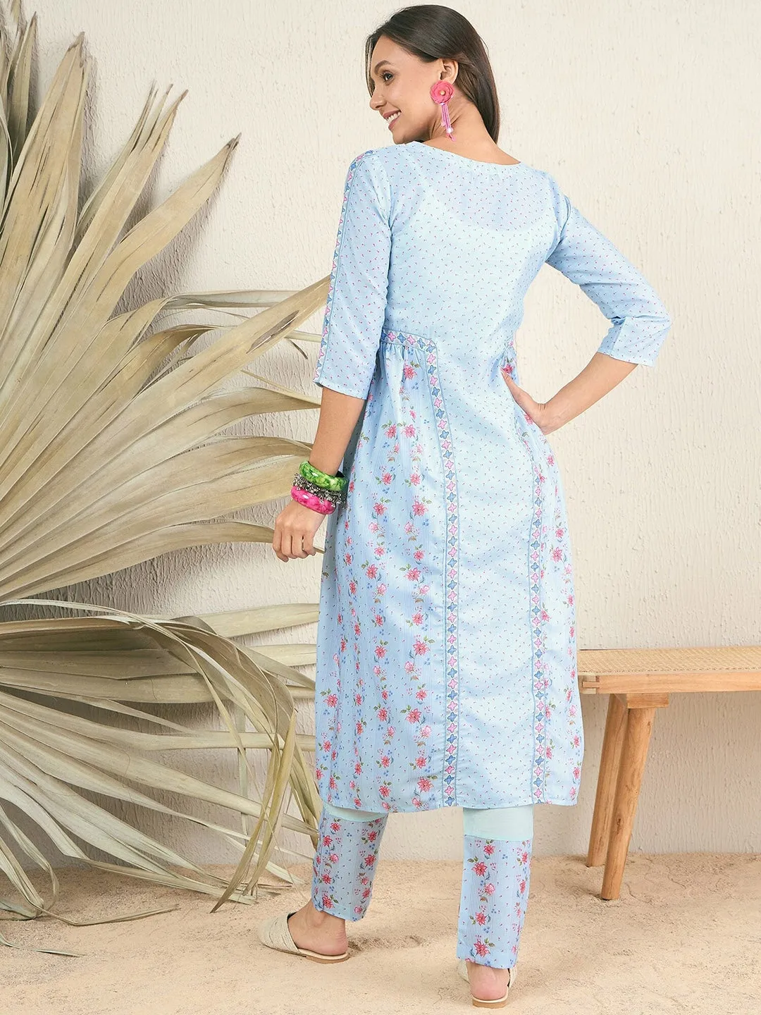 Blue Floral Printed Round Neck Regular A-Line Kurta With Trousers