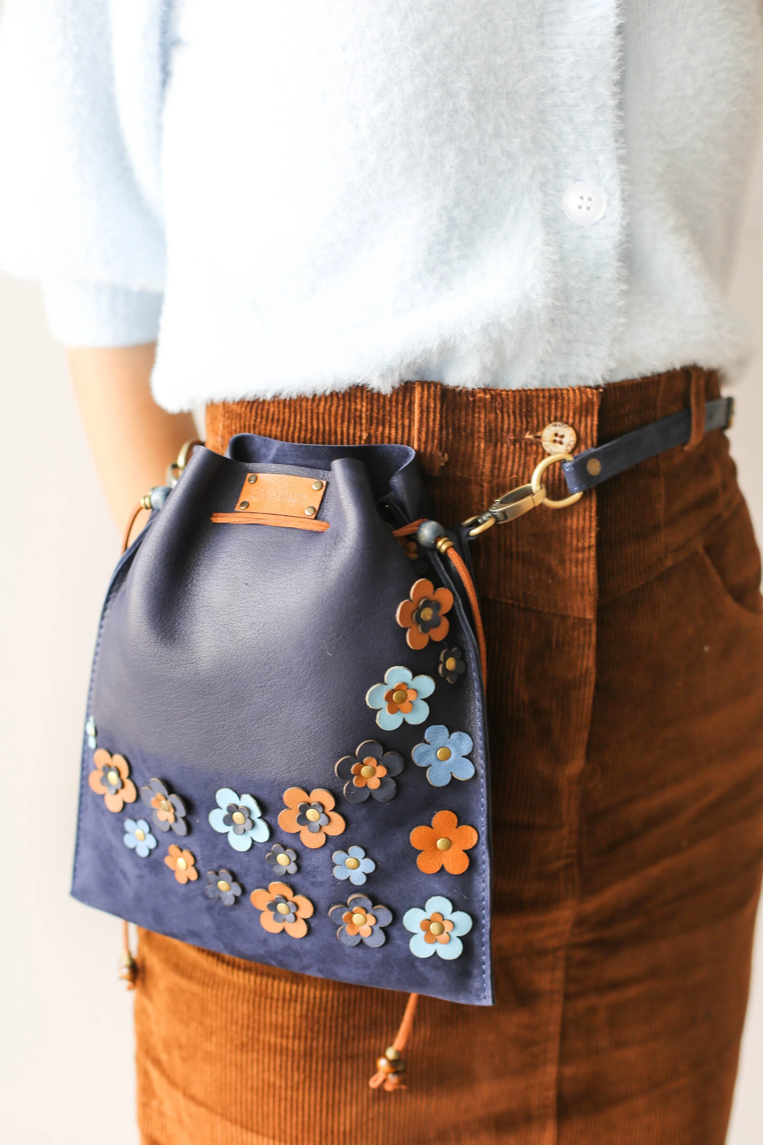 Blue Floral Suede Pouch Bag