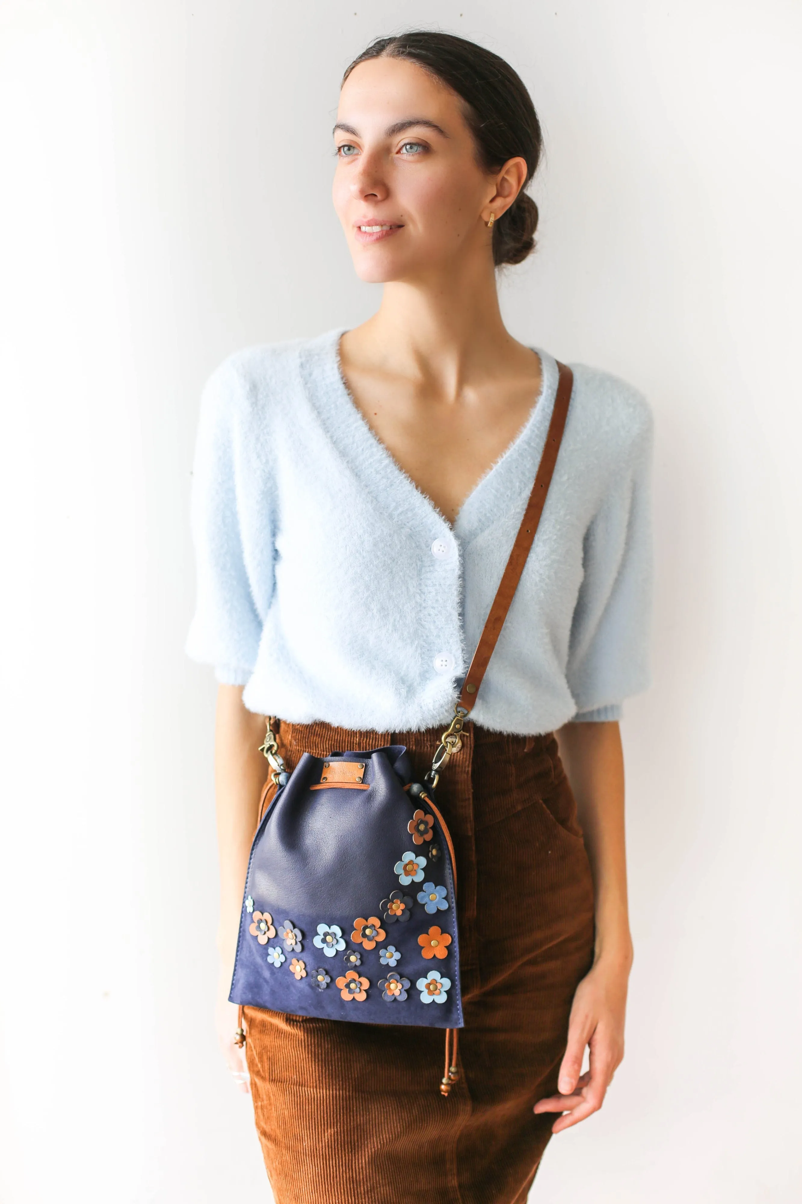 Blue Floral Suede Pouch Bag