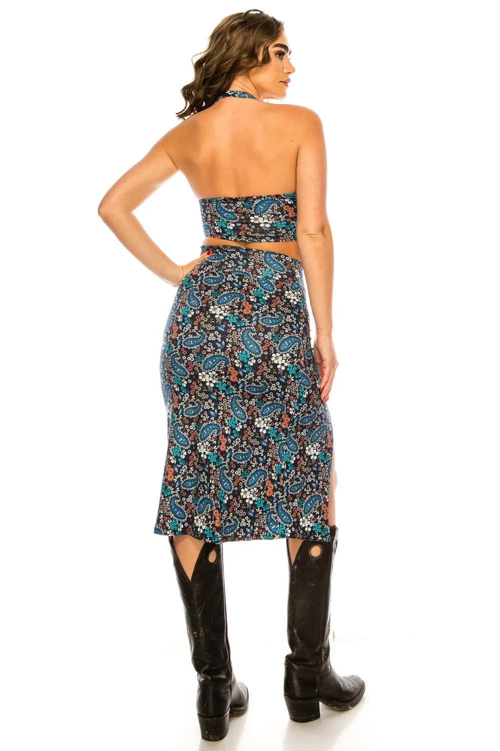 BLUE PAISLEY MIDI SKIRT