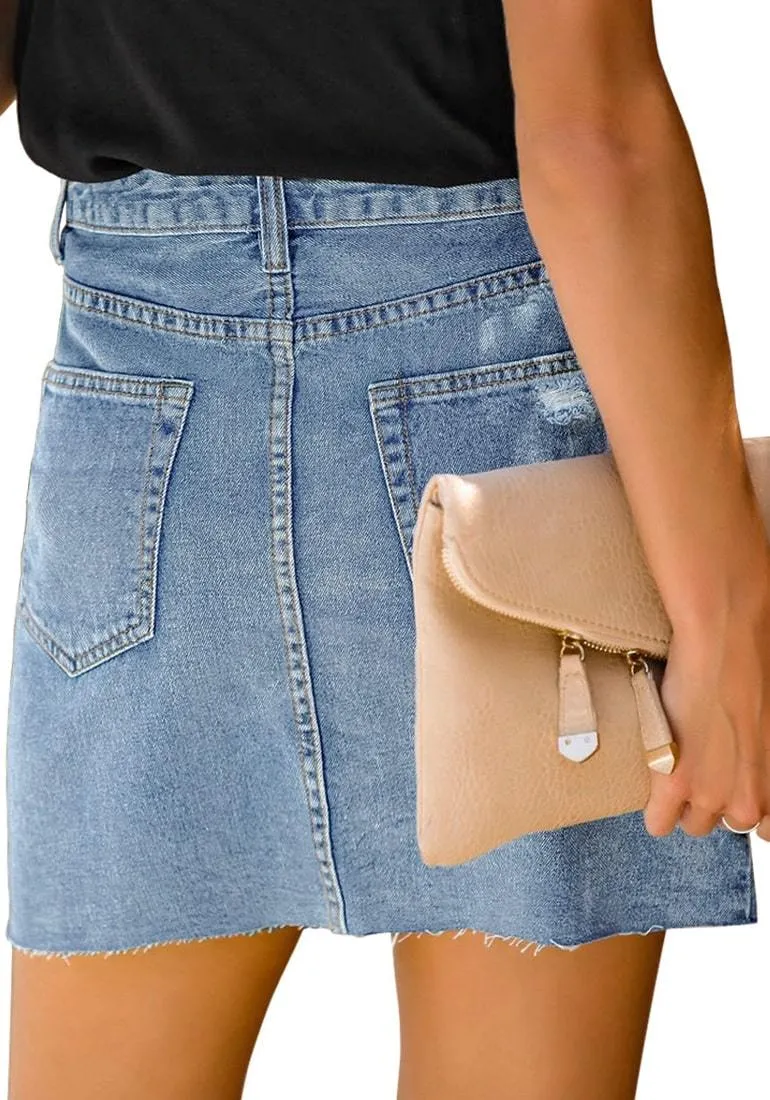 Blue Raw Hem Distressed Denim Mini Skirt