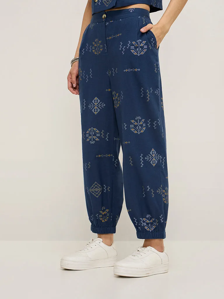 Bombay Paisley Navy Printed High-Rise Cotton Blend Joggers