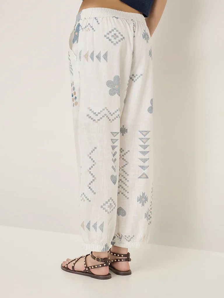 Bombay Paisley White Printed High-Rise Cotton Blend Joggers