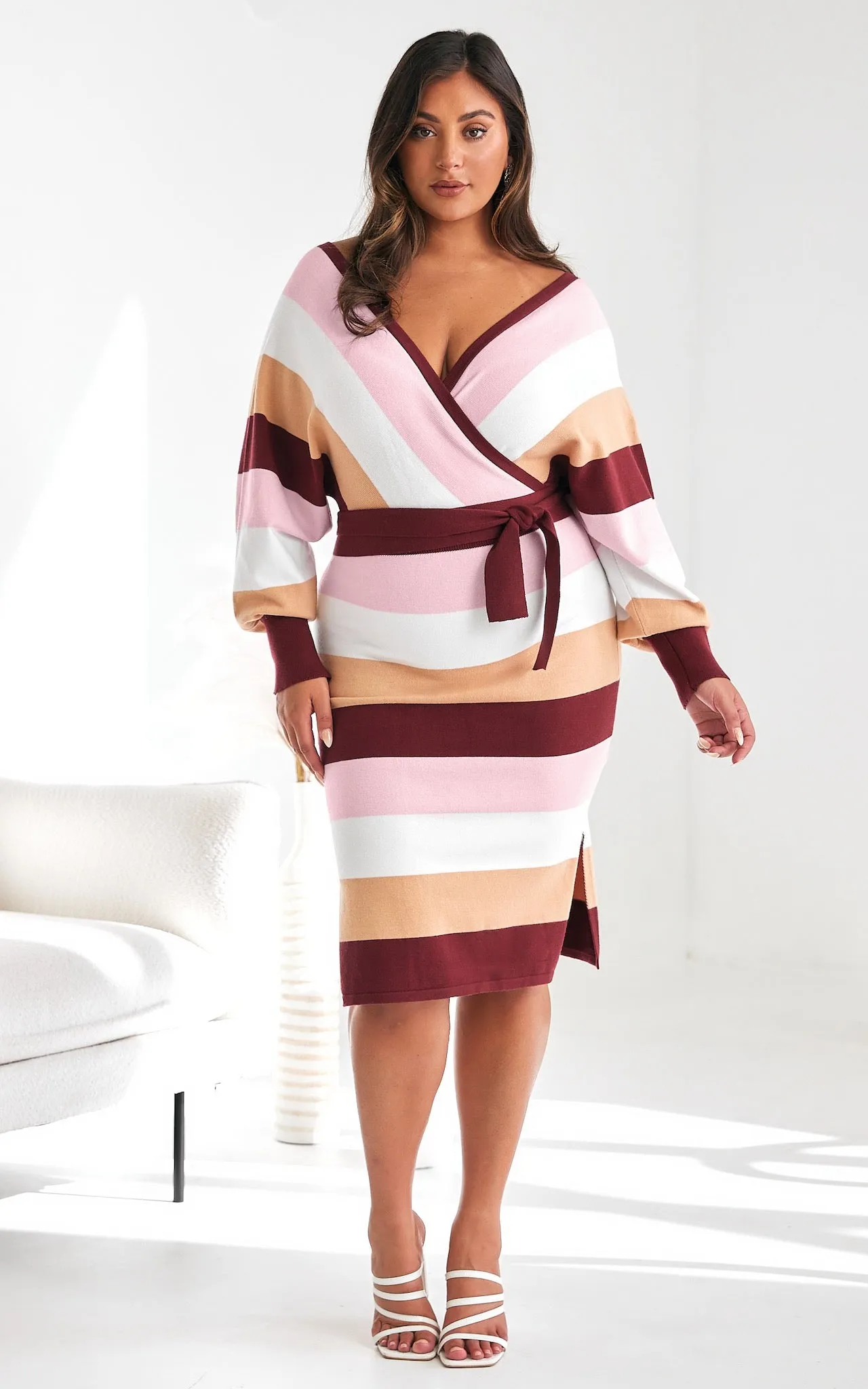 Bonnie Knit Midi Dress - Burgundy Multi Block