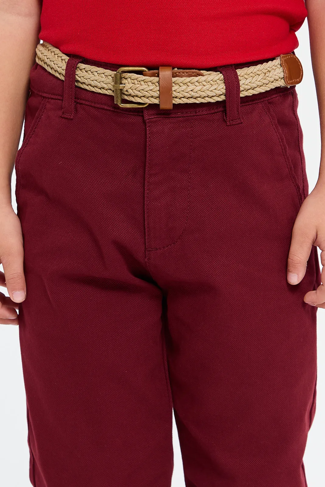 Boys Burgundy Belted Trousers