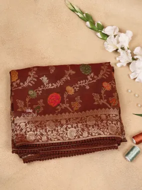 Brown Banarasi Saree with Floral Design on the Body with Zari Border