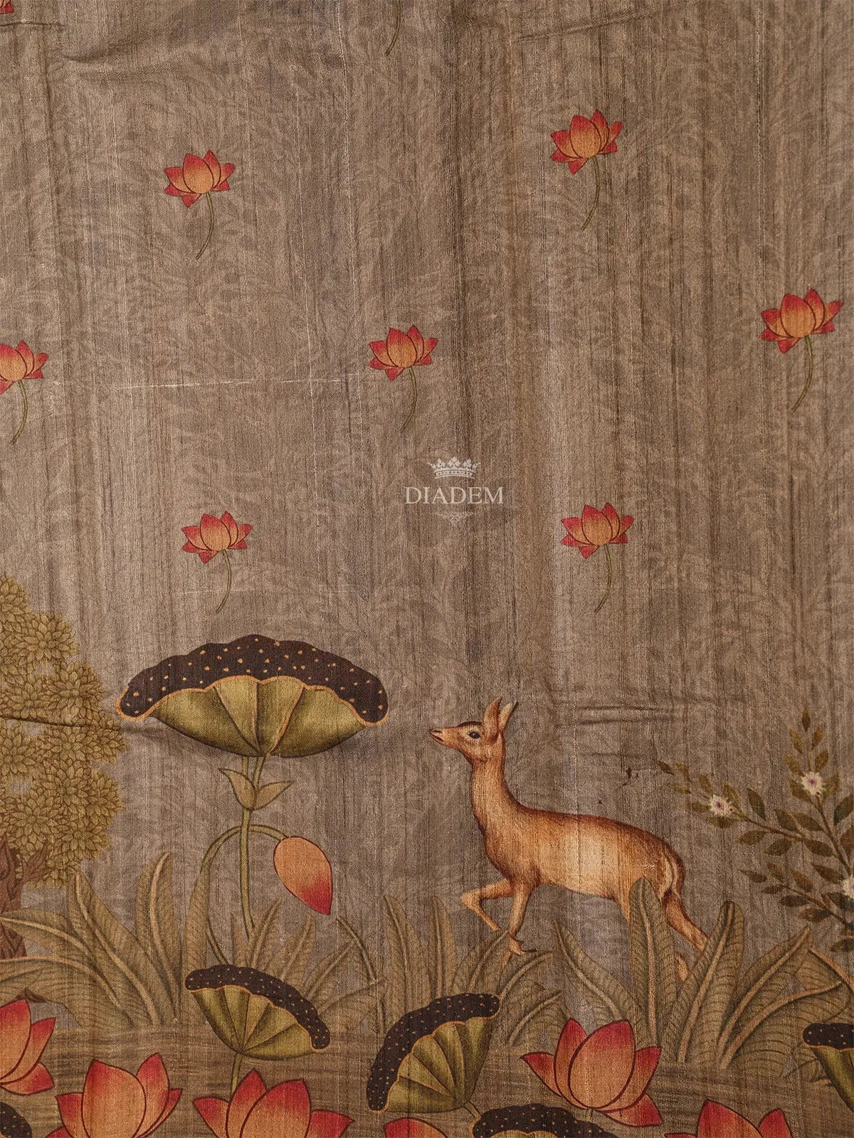 Brown Banarasi Silk Saree with Floral and Deer Design on the Body and without Border