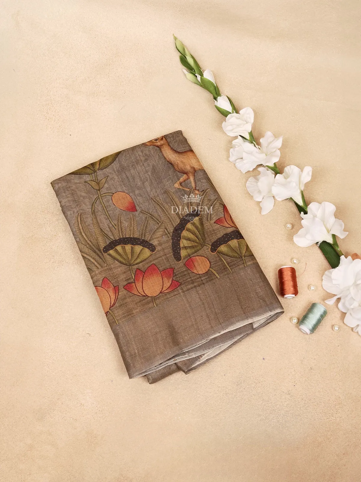 Brown Banarasi Silk Saree with Floral and Deer Design on the Body and without Border