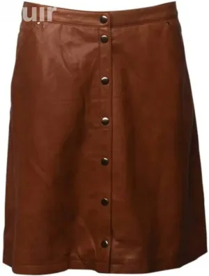 Brown Leather Skirt with Button, Lamb Leather