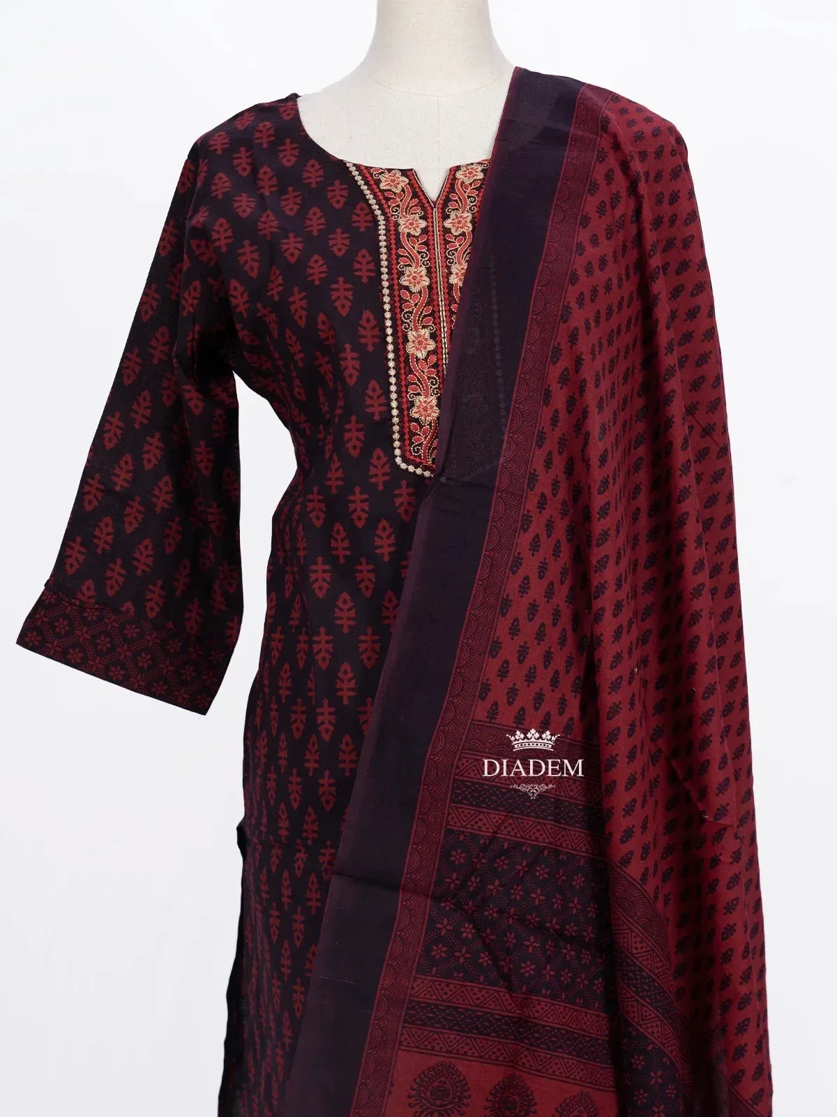 Burgundy Straight Cut Suit Adorned with Floral Prints and Thread work along with Dupatta