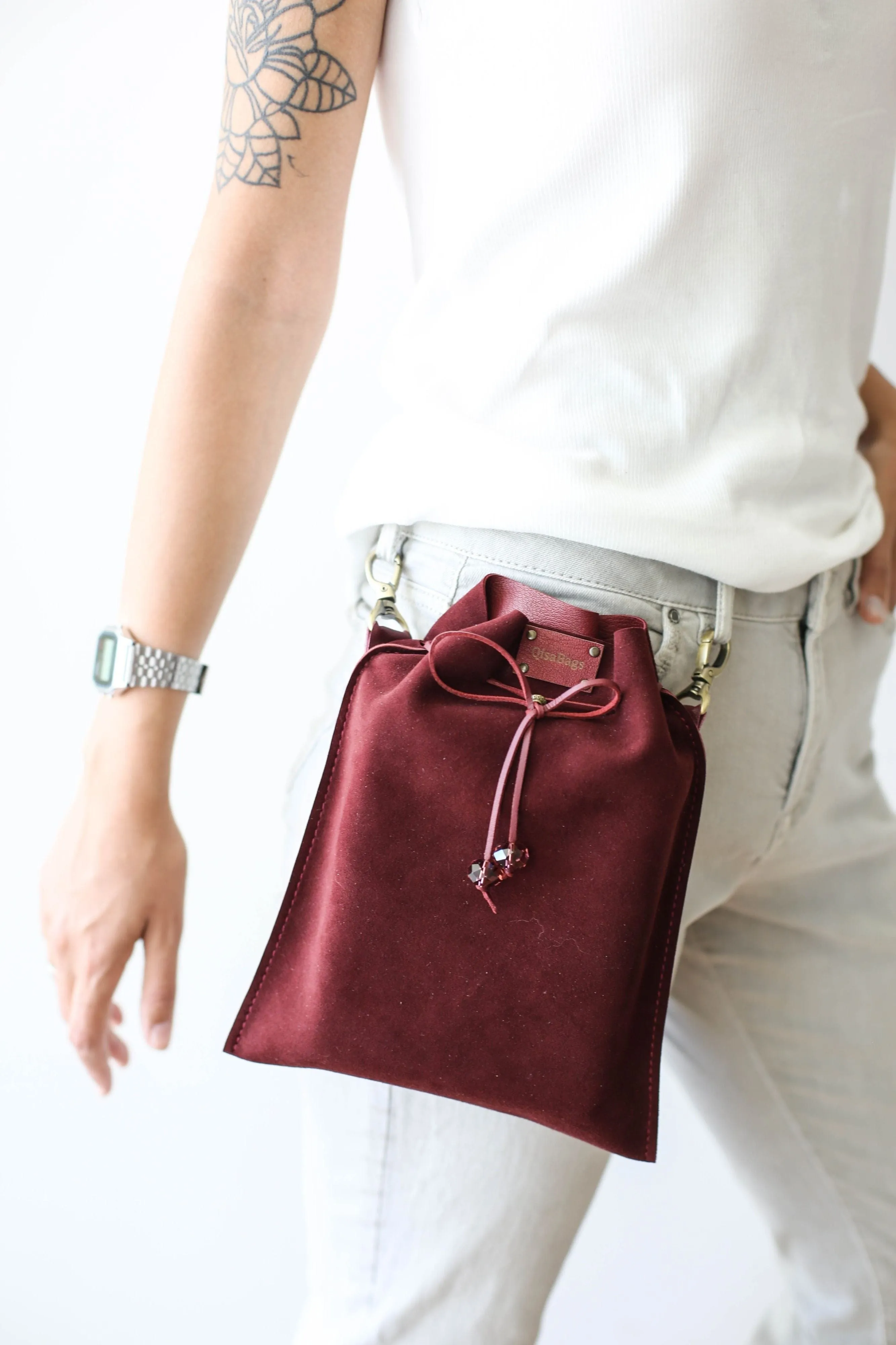 Burgundy Suede Pouch Bag