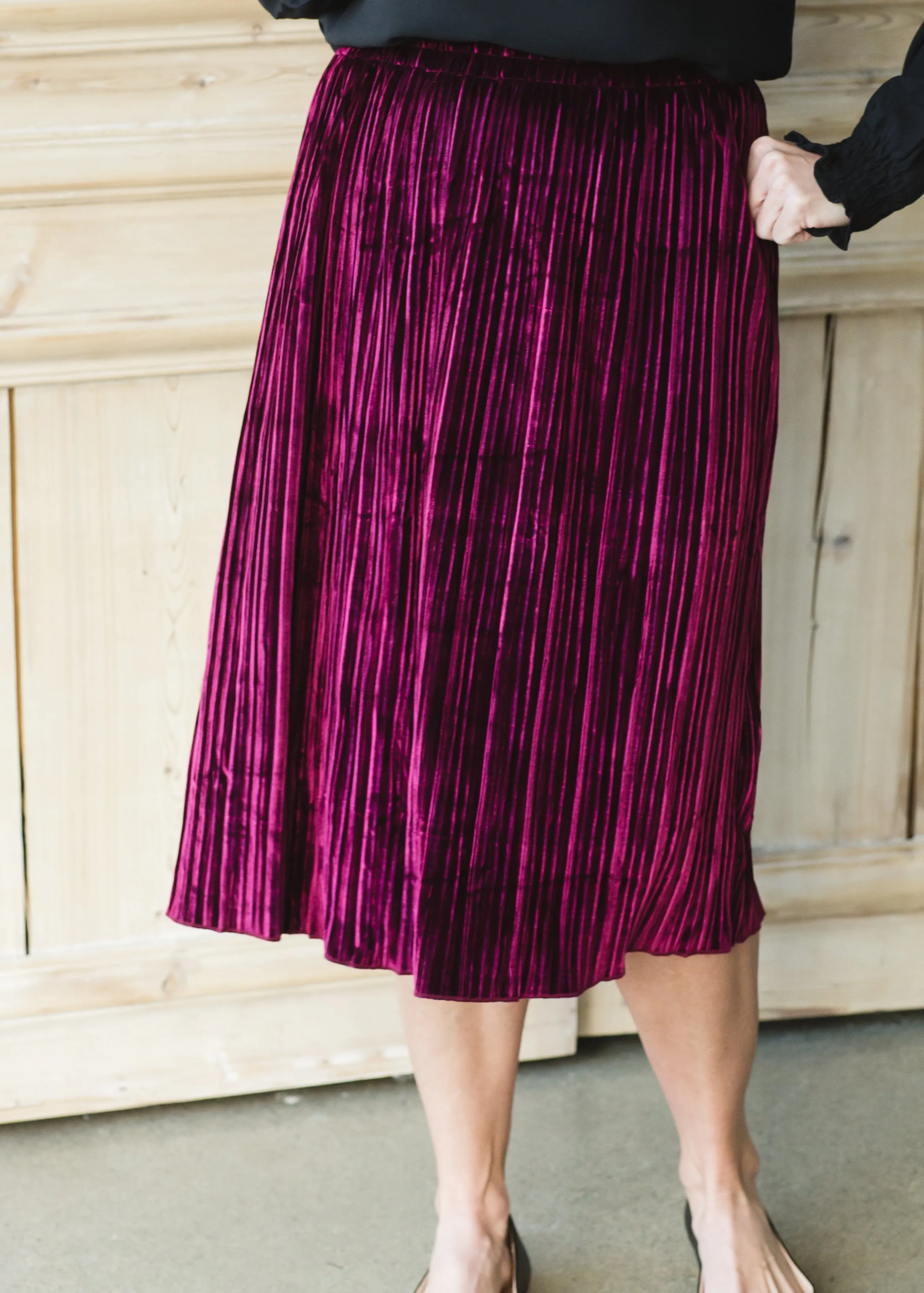 Burgundy Velvet Pleated Midi Skirt - FINAL SALE