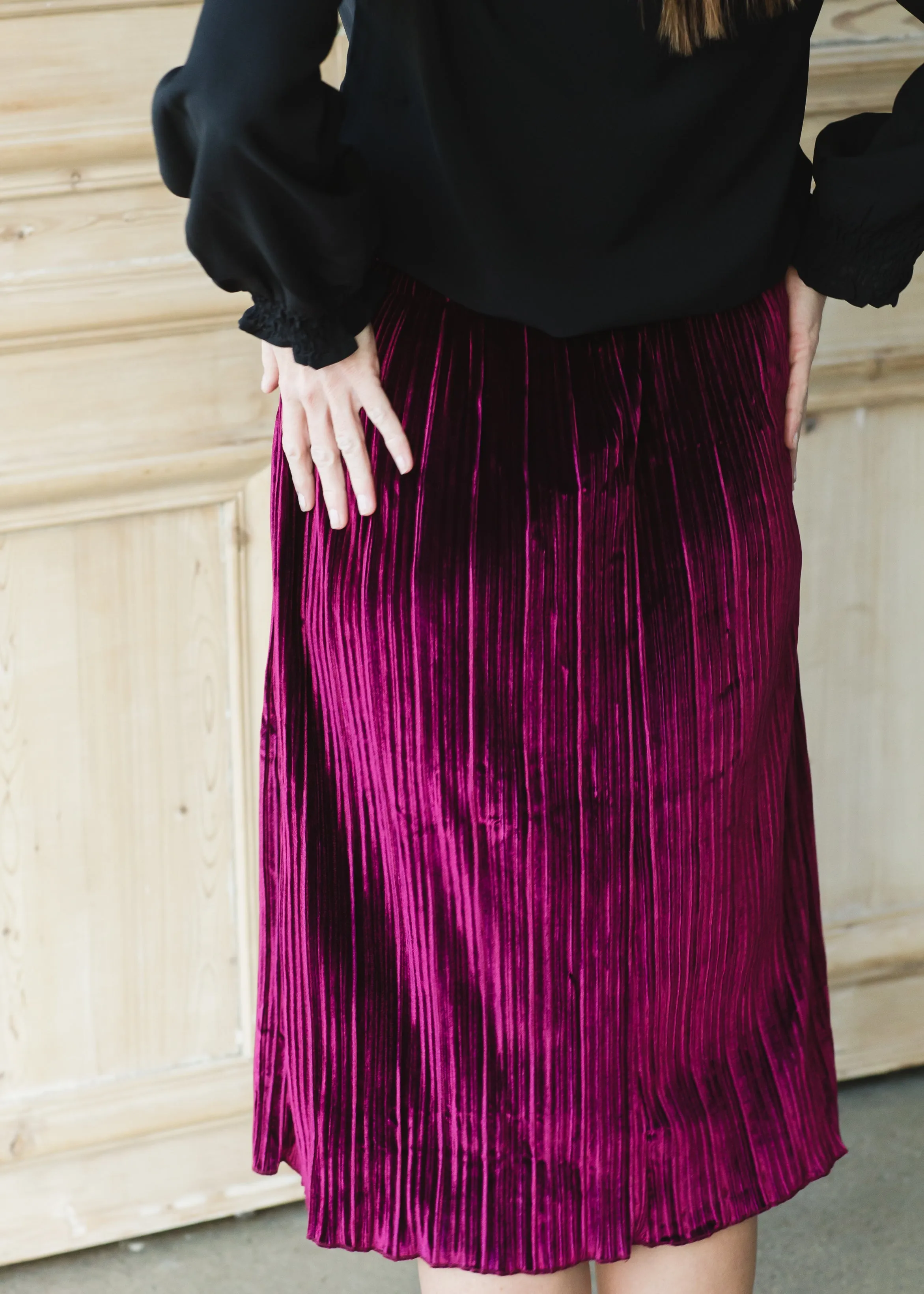 Burgundy Velvet Pleated Midi Skirt - FINAL SALE