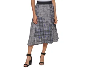 CALVIN KLEIN Elastic Waist Plaid Skirt in Grey and Blue