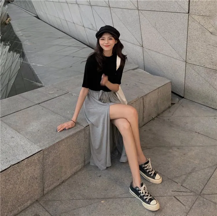 Casual Black Gray Wrap Bow Split Long Skirt