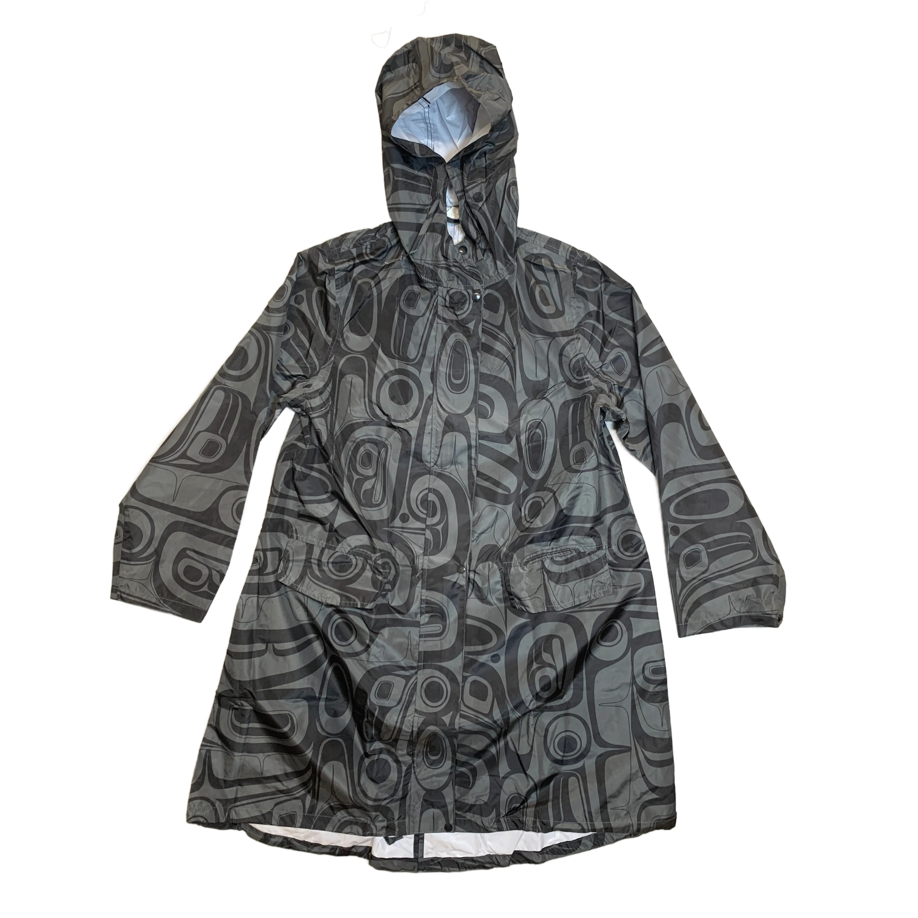 Charcoal Raven Totemic Hooded Raincoat with Pouch