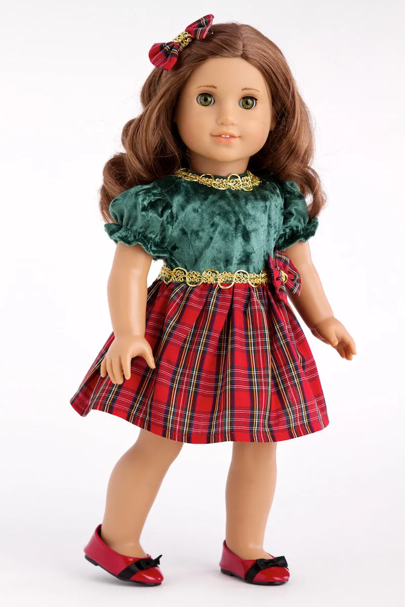 Christmas Classic - Clothes for 18 inch Doll - Green and Red Holiday Party Dress with Red Shoes and Bow