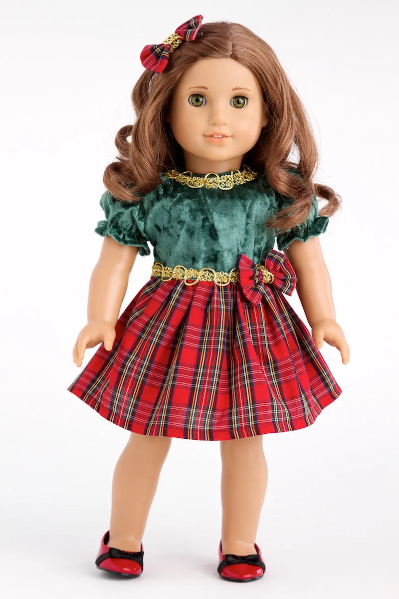 Christmas Classic - Clothes for 18 inch Doll - Green and Red Holiday Party Dress with Red Shoes and Bow