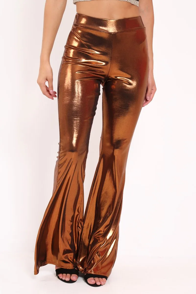 Copper Shiny Metallic High Waist Kick Flare Trousers - Islee