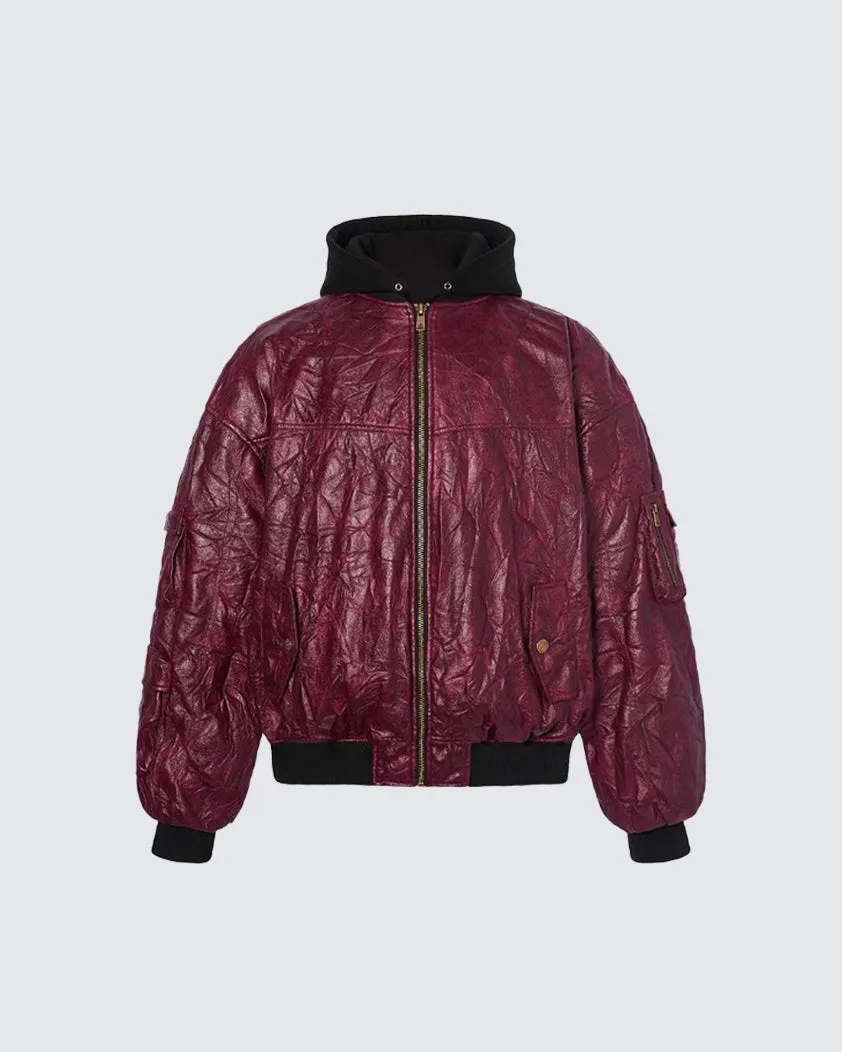 Crinkled Faux Leather Quilted Bomber Jacket