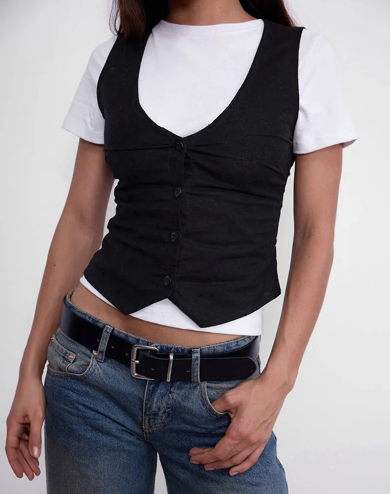 Cyna Button Through Vest Top in Black Linen