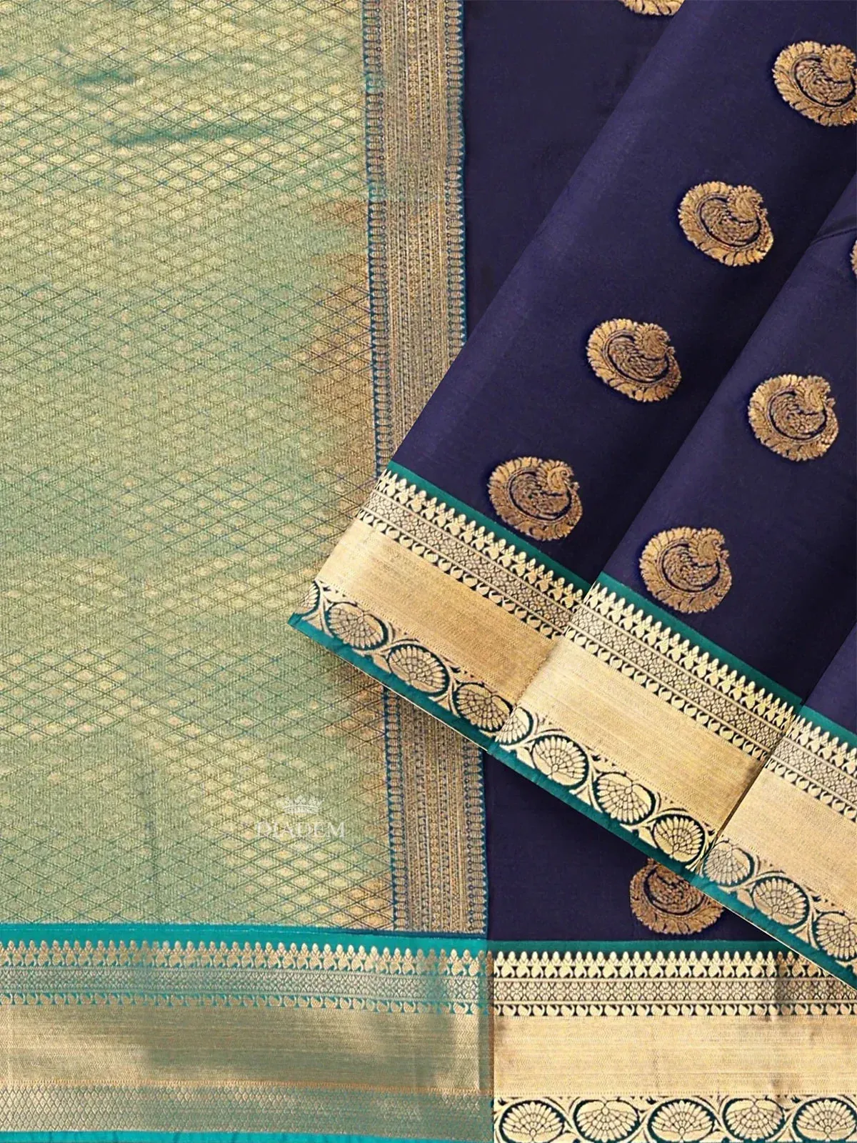 Dark Blue Art Silk Saree with Zari Butta on the Body and Contrast Zari Border