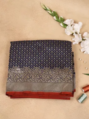 Dark Blue Banarasi Saree with Small Floral Design with Zari Border