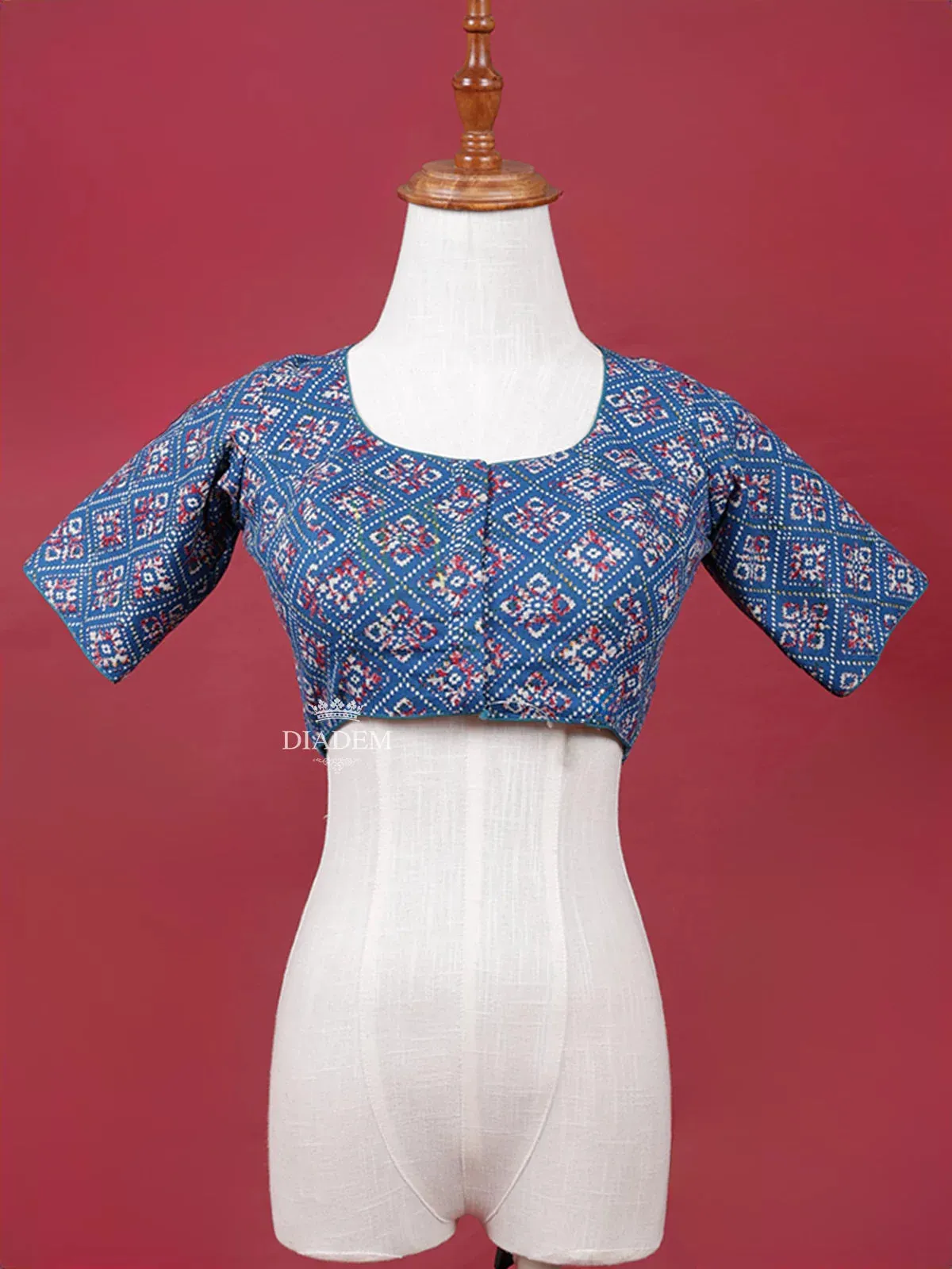 Dark Blue Cotton Readymade Blouse with Round Neck and Elbow Sleeve Design