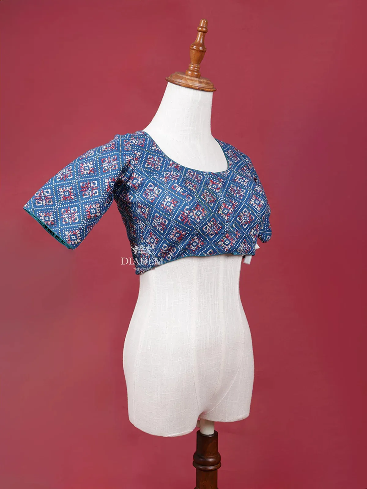 Dark Blue Cotton Readymade Blouse with Round Neck and Elbow Sleeve Design