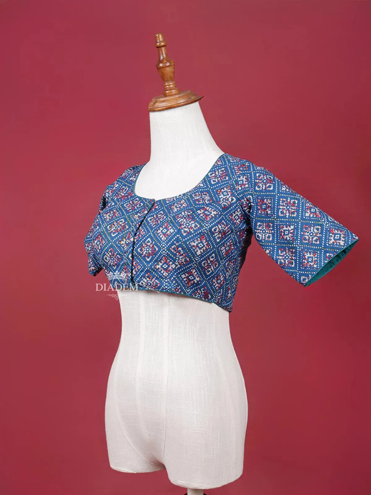 Dark Blue Cotton Readymade Blouse with Round Neck and Elbow Sleeve Design