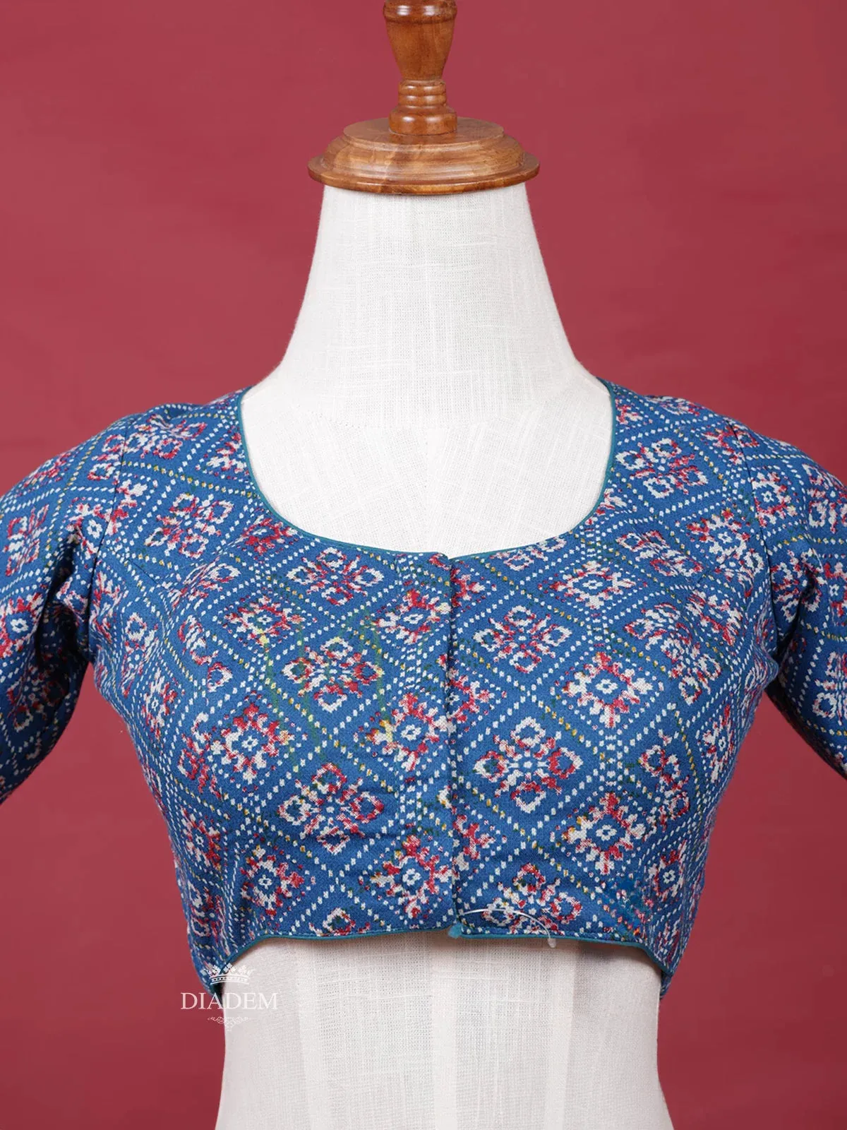 Dark Blue Cotton Readymade Blouse with Round Neck and Elbow Sleeve Design